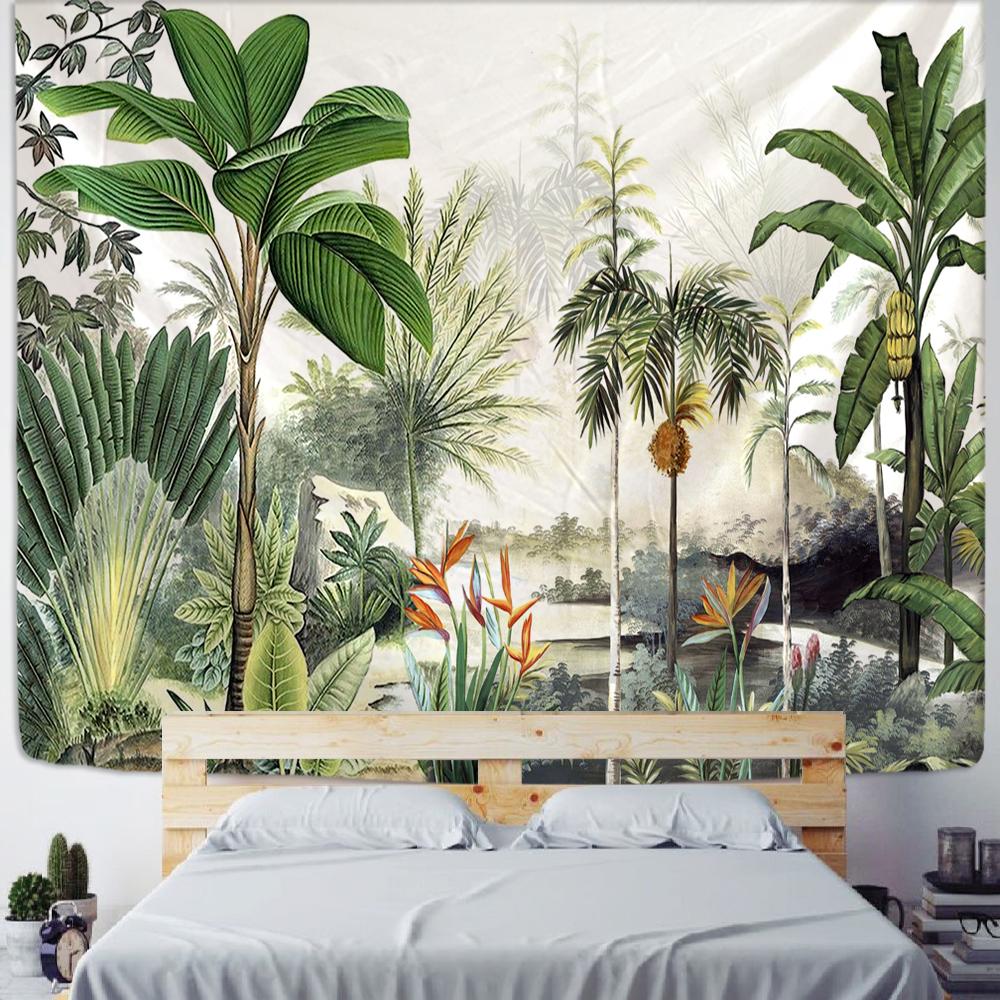 Tropical Rainforest Tapestry Wall Hanging Family Bedroom Decoration Polyester Fabric Bohemian Plant Art Printing