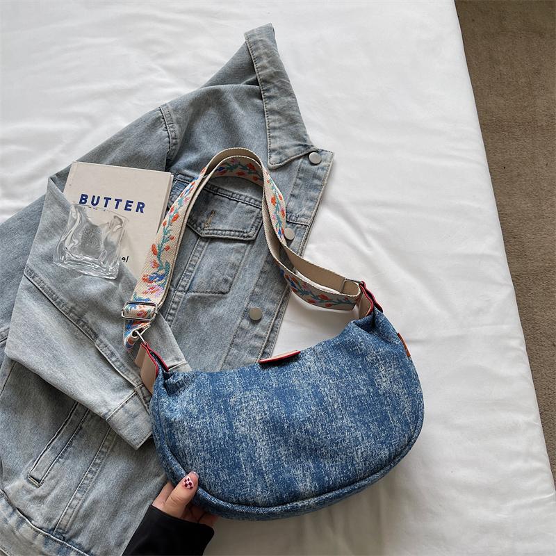 Denim Moon Bag with Colorful Strap Women's Crossbody Bag Fashionable Shoulder Bag Casual Daily Use Design