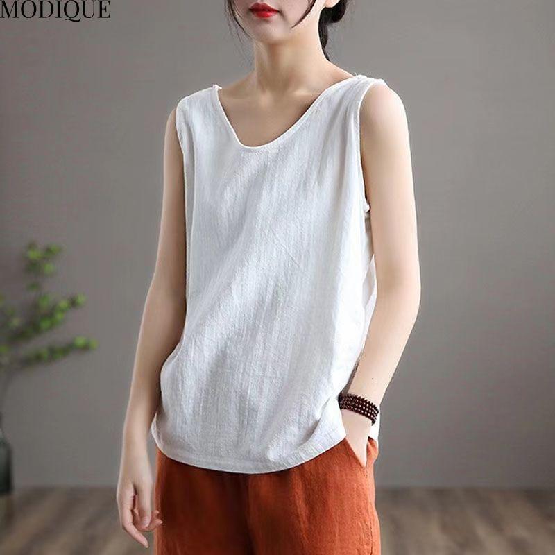 MODIQUE Summer Plus Size New Women's Loose Linen Solid Color Sleeveless Tank Top Ladies Casual Minimalist V-Neck Vest