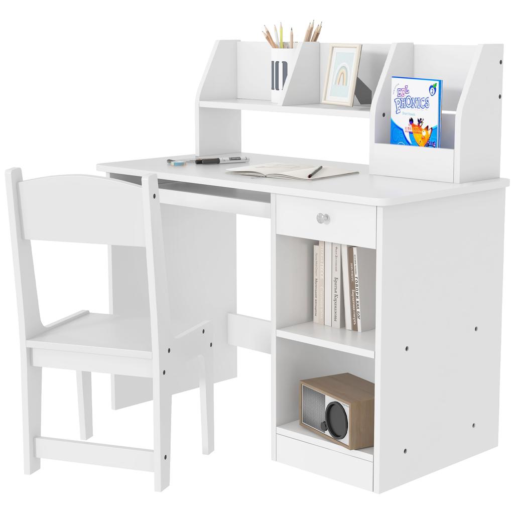 Kids Desk with Ergonomic Chair with Sliding Keyboard Tray Drawer Niches and Open Shelves 90 x 45 x 90 cm White