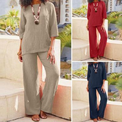 2 unids/set mujeres Top pantalones conjunto cuello redondo mangas tres cuartos suelto Retro elástico