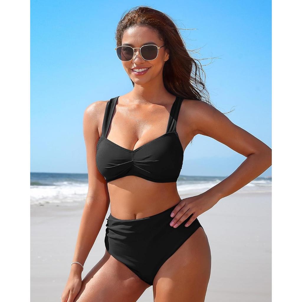 Charmleaks Women High Waisted Bikini Sets Two Piece Swimsuit Ruched Sexy Bandeau Bathing Suit