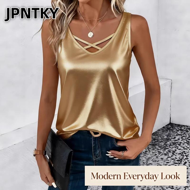 QICED Women's Fashion Casual Solid Color Print Sleeveless V-Neck Blouses & Shirts