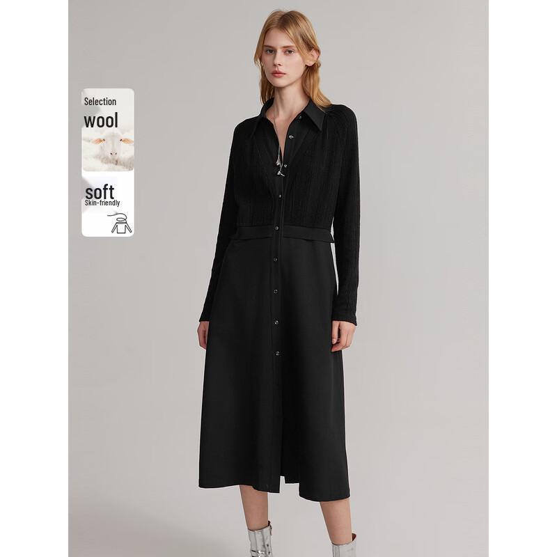 ELLE Black Patchwork Long-Sleeve Shirt Dress S