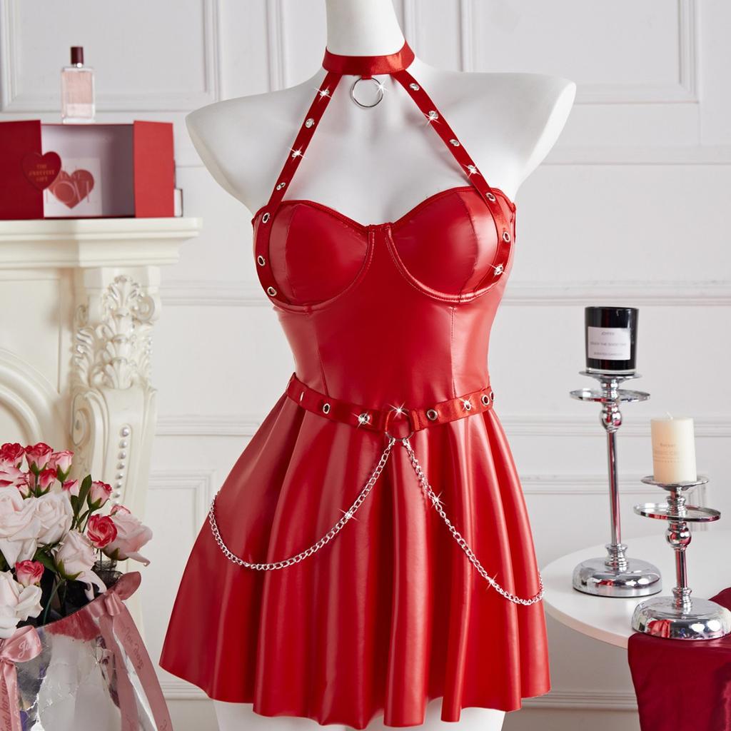 Sexy Leder-Dessous-Einteiler mit Handgelenk-Kettenknopf, sexy Unterwäsche