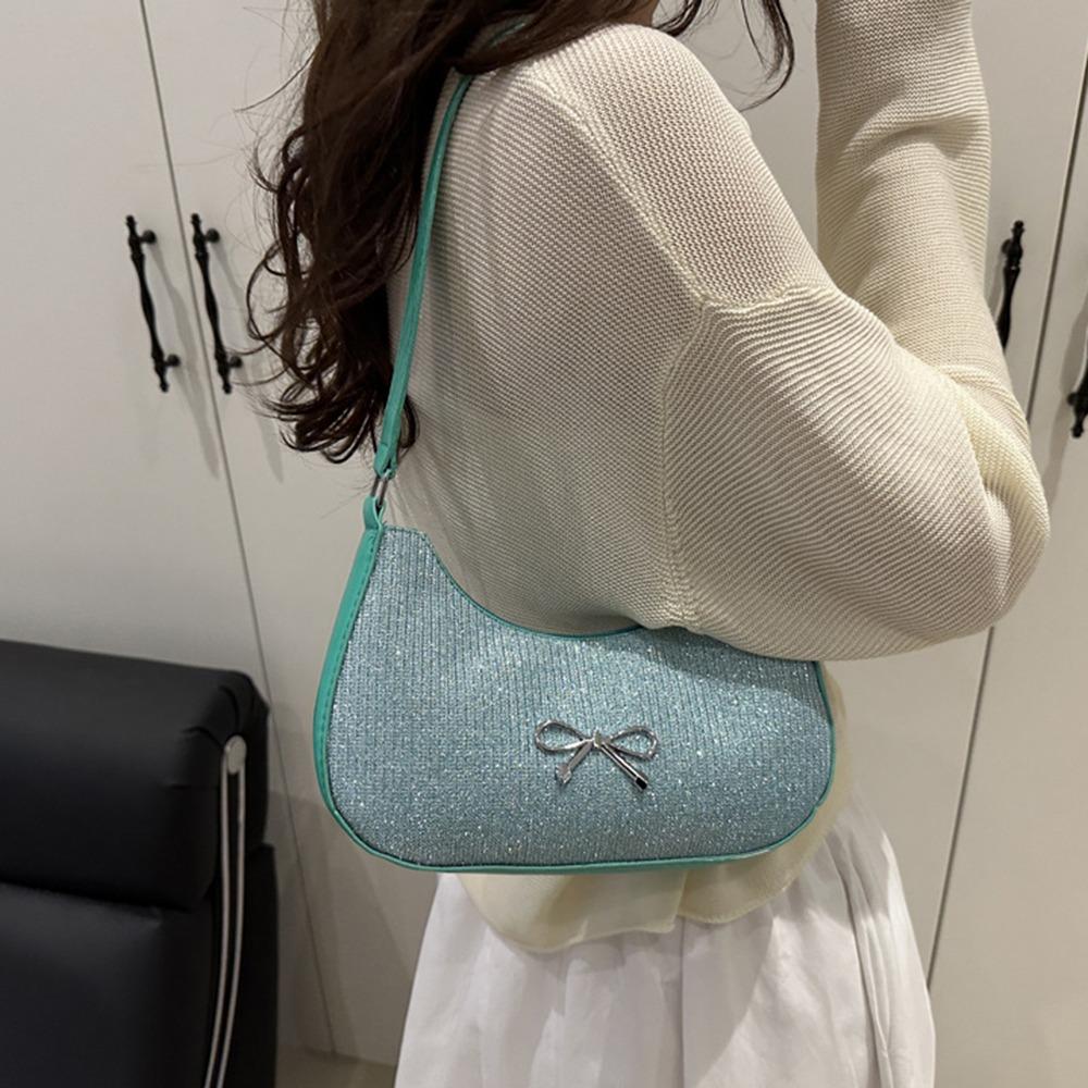 Shiny Underarm Tote Bag Solid Color Women Handbag Fashion Bowknot Shoulder Bag  Girls