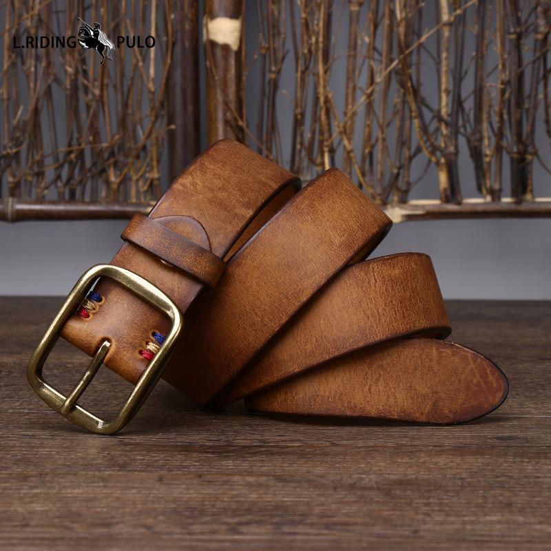 Vintage Handmade Men's Leather Belt Top Layer Pure Cowhide Copper Buckle Jeans Leather Belt