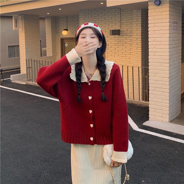 

Женский вязаный кардиган свитер с воротником Питер Пэн, цветной блок, красный, осень 2025 One Size красный