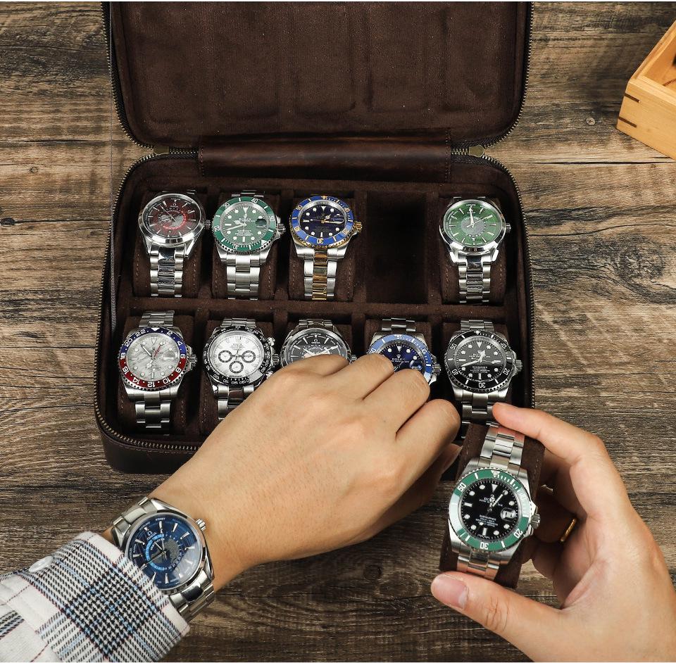 Retro Crazy Horse Cowhide Leather Watch Box - 10-Slot Handcrafted Storage for Wristwatches