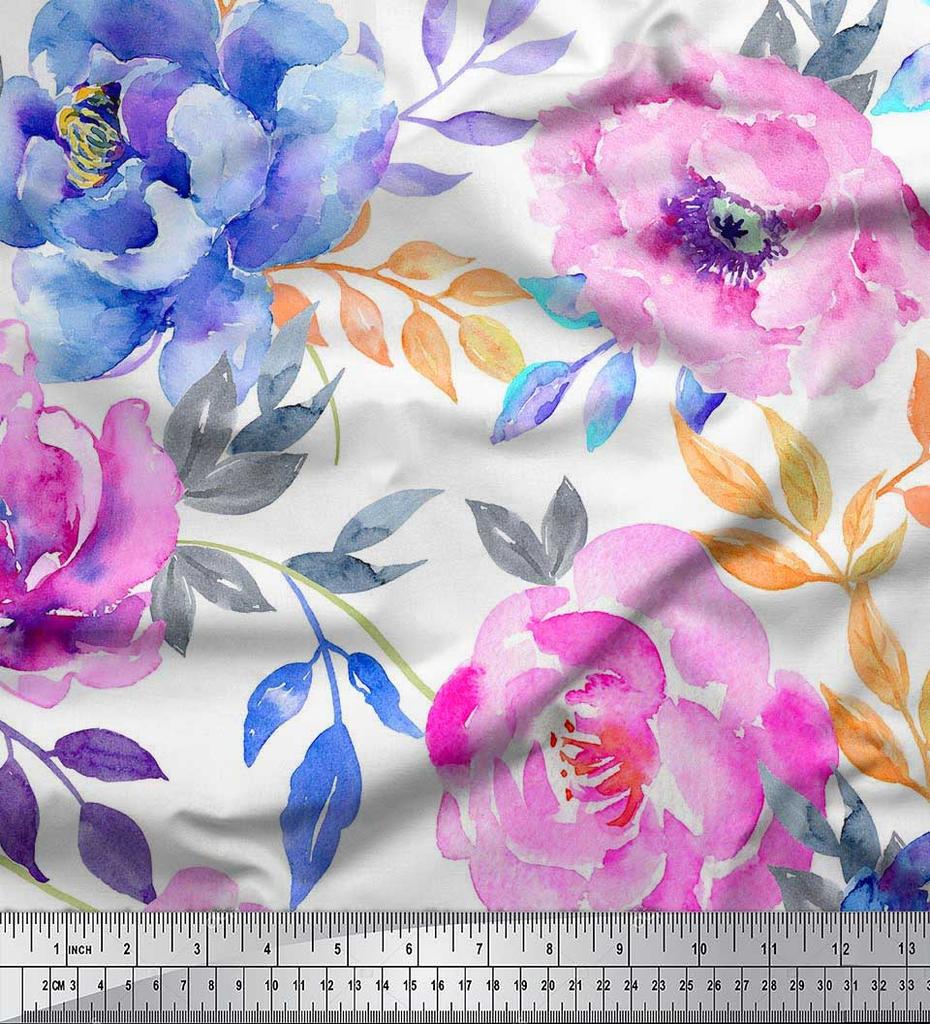 Soimoi Japan Crepe Satin Fabric Leaves & Peony Flower Print Fabric by the Metre 42 Inch