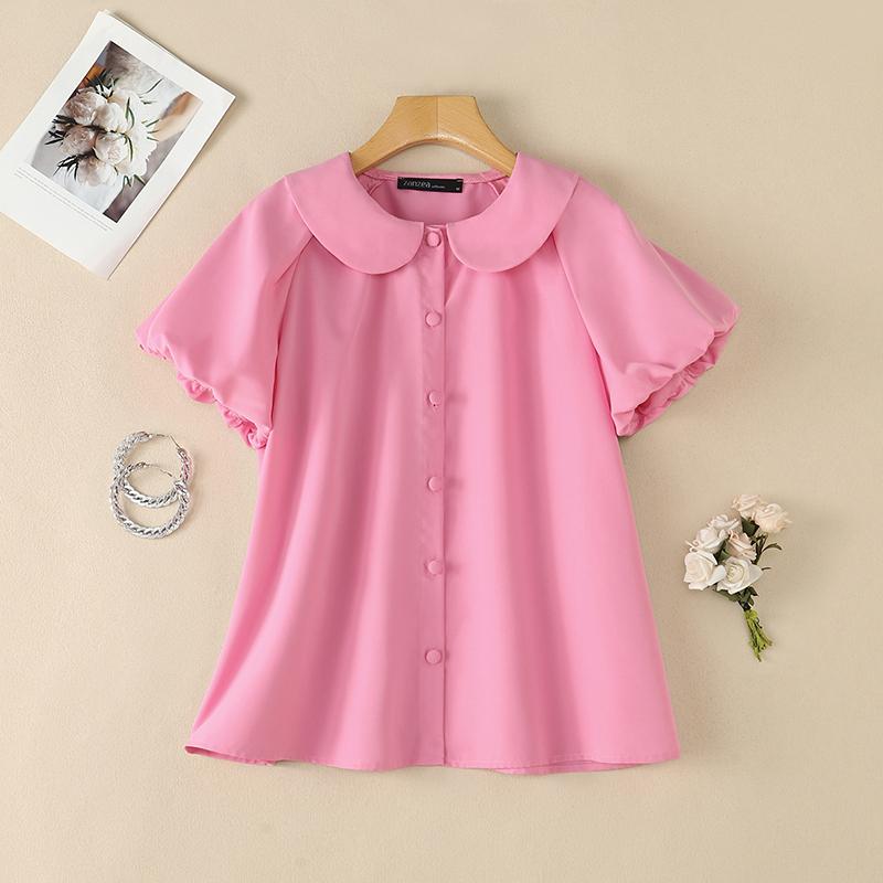 ZANZEA Women Casual Doll Collar Solid Color Short Sleeve Blouse