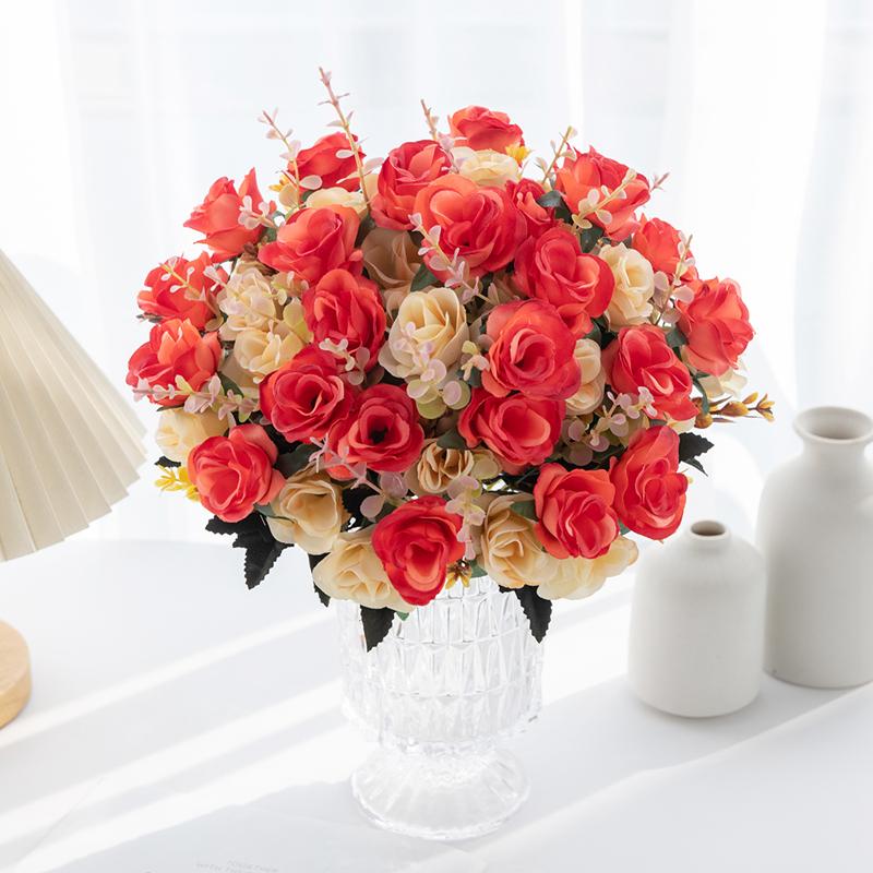 12 Heads Artificial Flowers Silk Mini Roses with Leaf Bouquet for Home Hotel Wedding Christmas Tables Decorations Bridal Bouquet