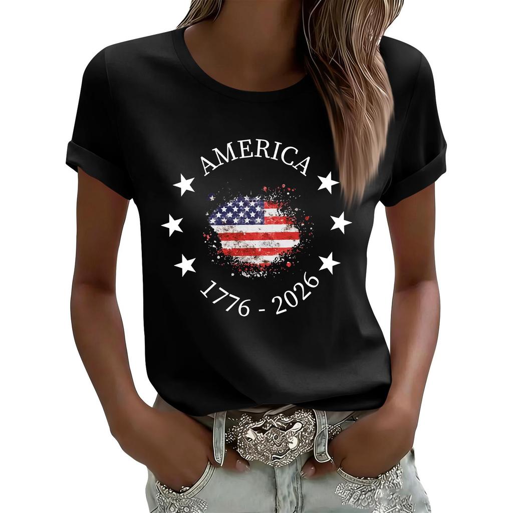 Women's Casual Printed T-Shirt Round Neck Pullover Short Sleeve Top