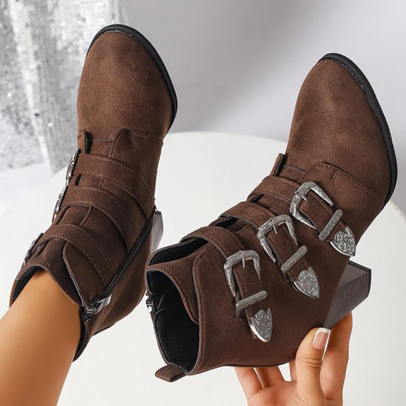 Fashion Fashion Buckle Decoration Boots Women Spring Autumn Plus Size Faux Suede Ankle Boots Woman Side Zipper High Heel Botas Ladies