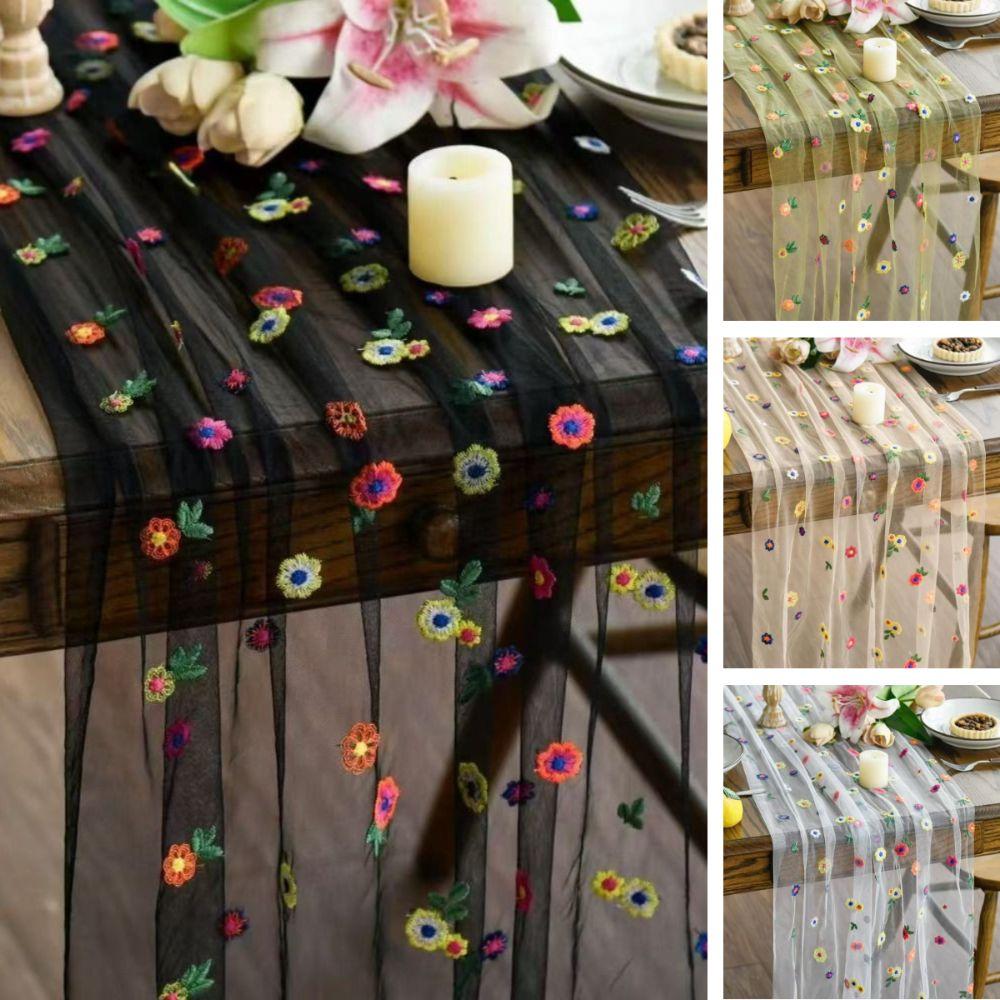 Semi-Transparent Tulle Table Runner Boho Floral Tablecloth  Holiday Decoration