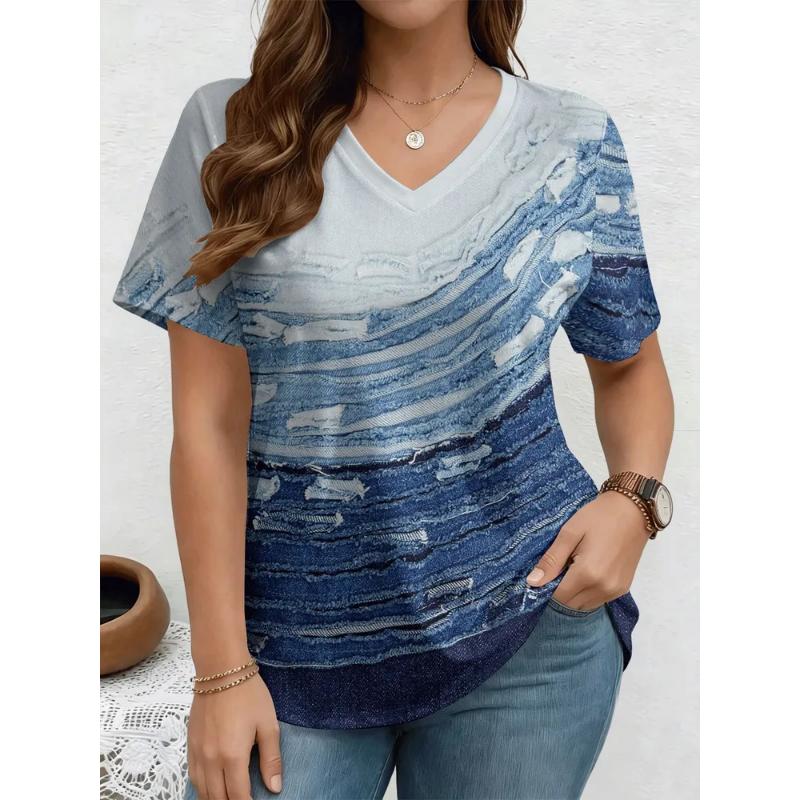 Fashion Women's V-Neck Short Sleeve 3D Casual Color Printing Casual Short Sleeve V-Neck T-Shirt