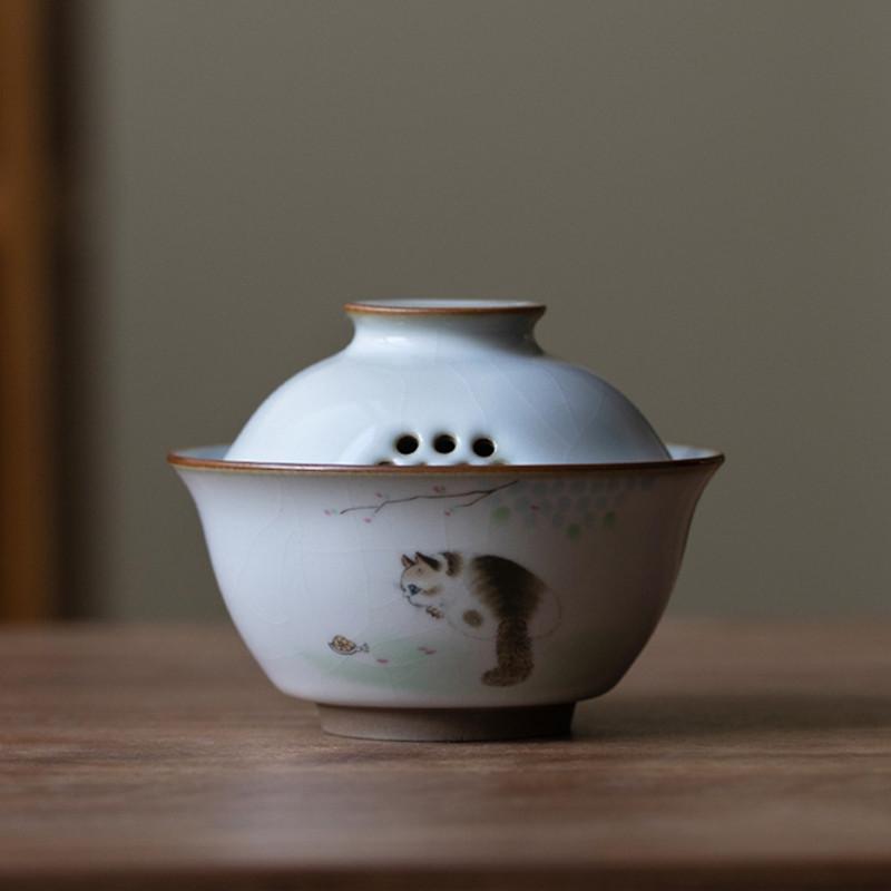 

Ретро Ру Печь Керамическая Гайвань Милый Кот Шаблон Фильтр Чайная Чашка Путешествия Портативная Чайная Чаша Китайский Домашний Чайный Сервиз Ручной Работы 100мл E(9.2x7.5cm 100ml)