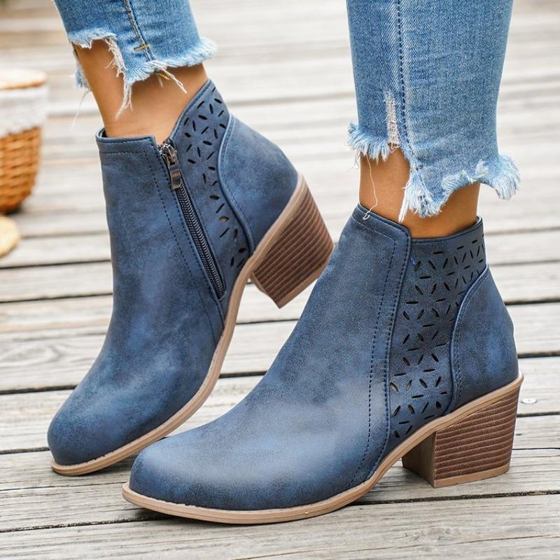 Women'S Ankle Boots Thick Heel Side Zipper Shoes Fashion Retro Leather Short Barrel Hollow Boots Botas