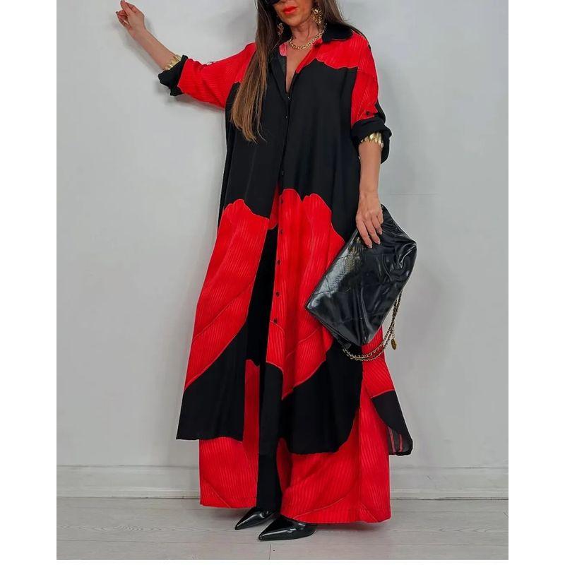 European and American Women clothes Fashion Casual Color Matching Loose Shirts Top Trousers Two-piece Set Two Piece Set