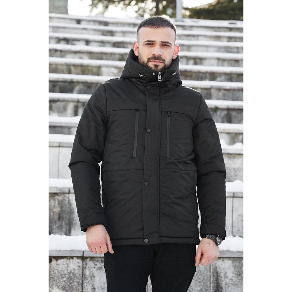 Men's Black Fleece Inside Water And Windproof Hooded Winter Coat