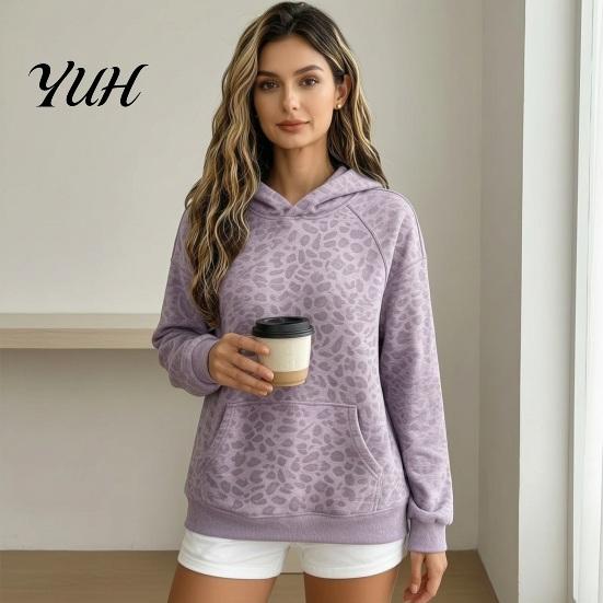 Leopard Print Sweatshirt Women Hoodie, Oversized Drop Shoulder Hooded with Pocket, Loose Casual Pullover Top Long Sleeve for Autumn Winter Warm