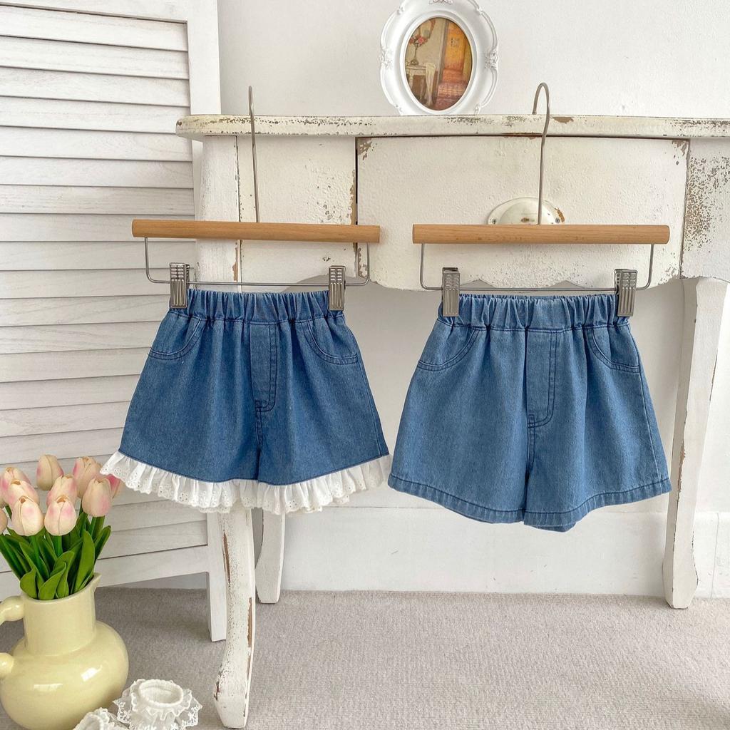 Korean Girls Solid Lace Trim Denim Shorts Baby Fashion Soft Jean Pants