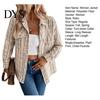 Women Jacket with Pockets Fall Spring Retro Plaid Print Turn-down Collar Single-breasted Striped Cardigan Chest Long Sleeves Loose Commuting