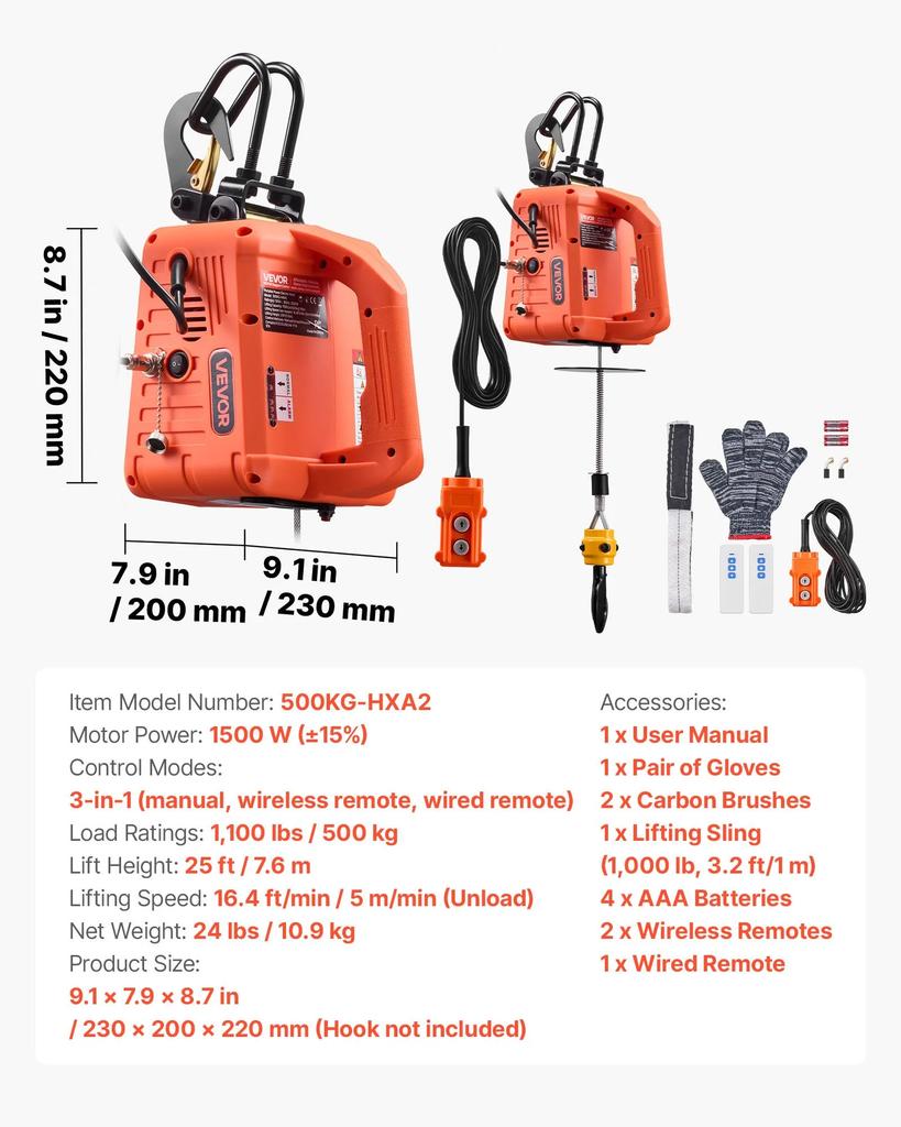VEVOR 3-in-1 Electric Hoist Winch, 500 kg Capacity, 1500W Portable Electric Power Winch, 7.6 m Lifting Height, 5 m/min with Manual