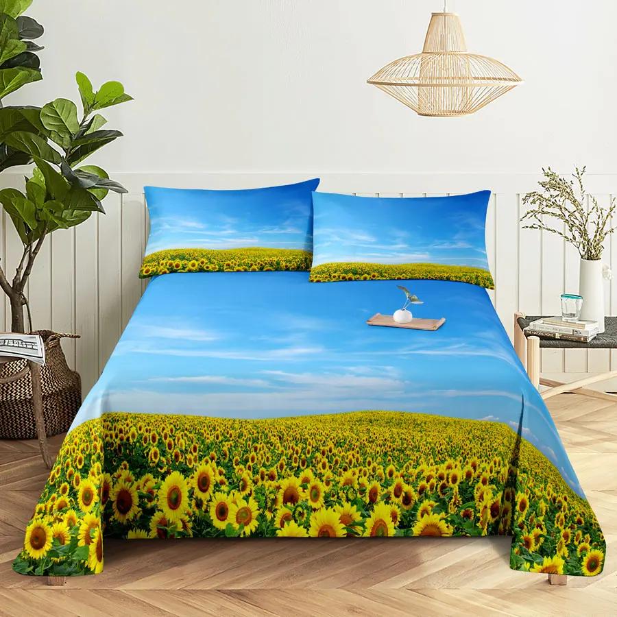 Sunflower Bed Sheets and Pillowcases for Single Double Beds Bedsheets Set with Pillow Case 2pcs 3pcs Queen Full Size 3D Soft