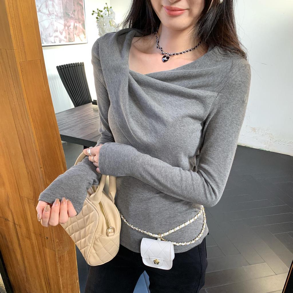 Korean Pure Desire Women's One-Shoulder Slimming Long-Sleeve Top - Autumn/Winter Fashion