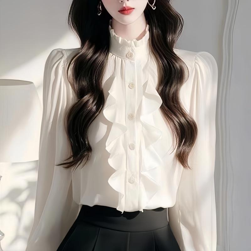 Elegant French Chic Lace Patchwork Long Sleeve Blouse - Socialite Style for Early Spring