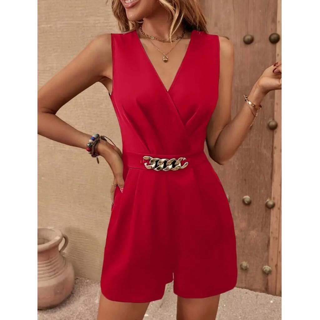 Damen V-Ausschnitt Ärmellos Romper Slim Fit Hohe Taille Einfarbig Ketten-Dekor Tasche Kurzer Jumpsuit