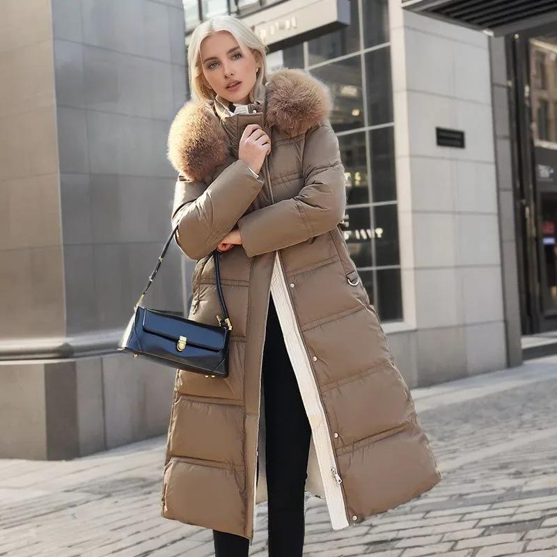 Damen Neue Jacke Parkas Pelzkragen Daunen Baumwolljacke Winter Kapuze Langer Parka Warm Weibliche Gepolsterte Jacke Lässige Oberbekleidung