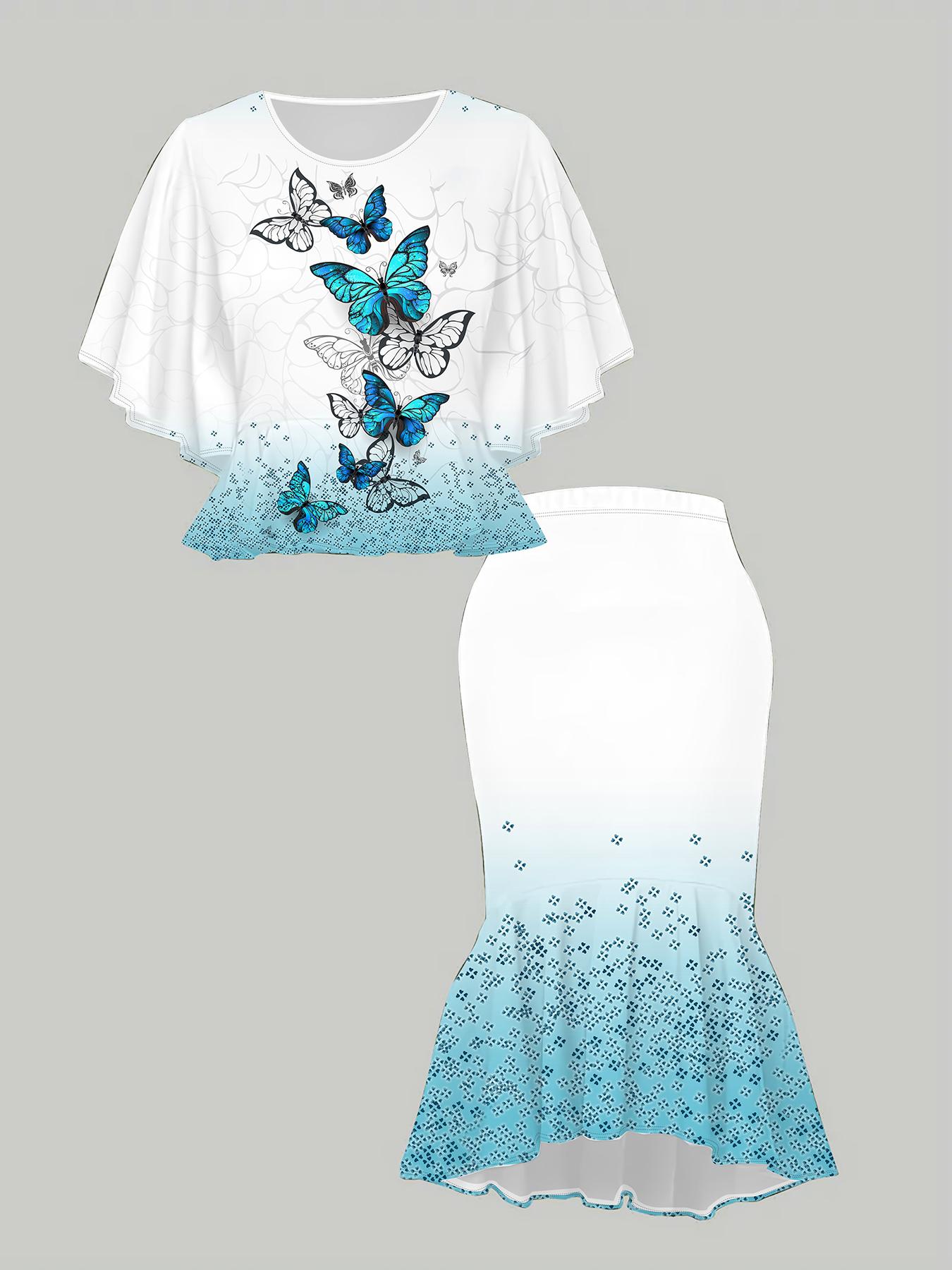 

Классический тотемный женский принт с 3D-принтом бабочки, модный большого размера, элегантный, универсальный для всех сезонов. Футболка, Юбка и Комплект 6XL синий