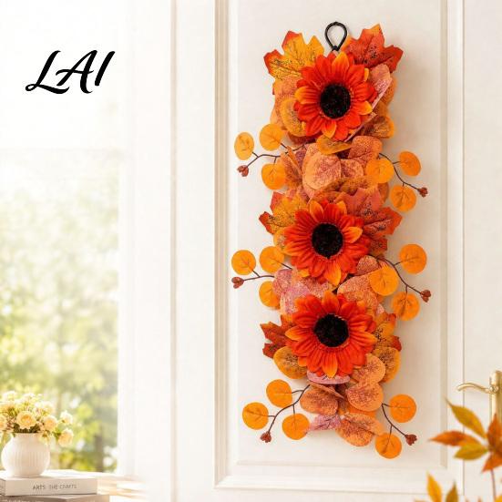 Elegant Multi-layer Maple Leaf Wreath Artificial Fall Sunflower Wall Hanging Garland with Butterfly Autumn Lifelike Butterfly Harvest for