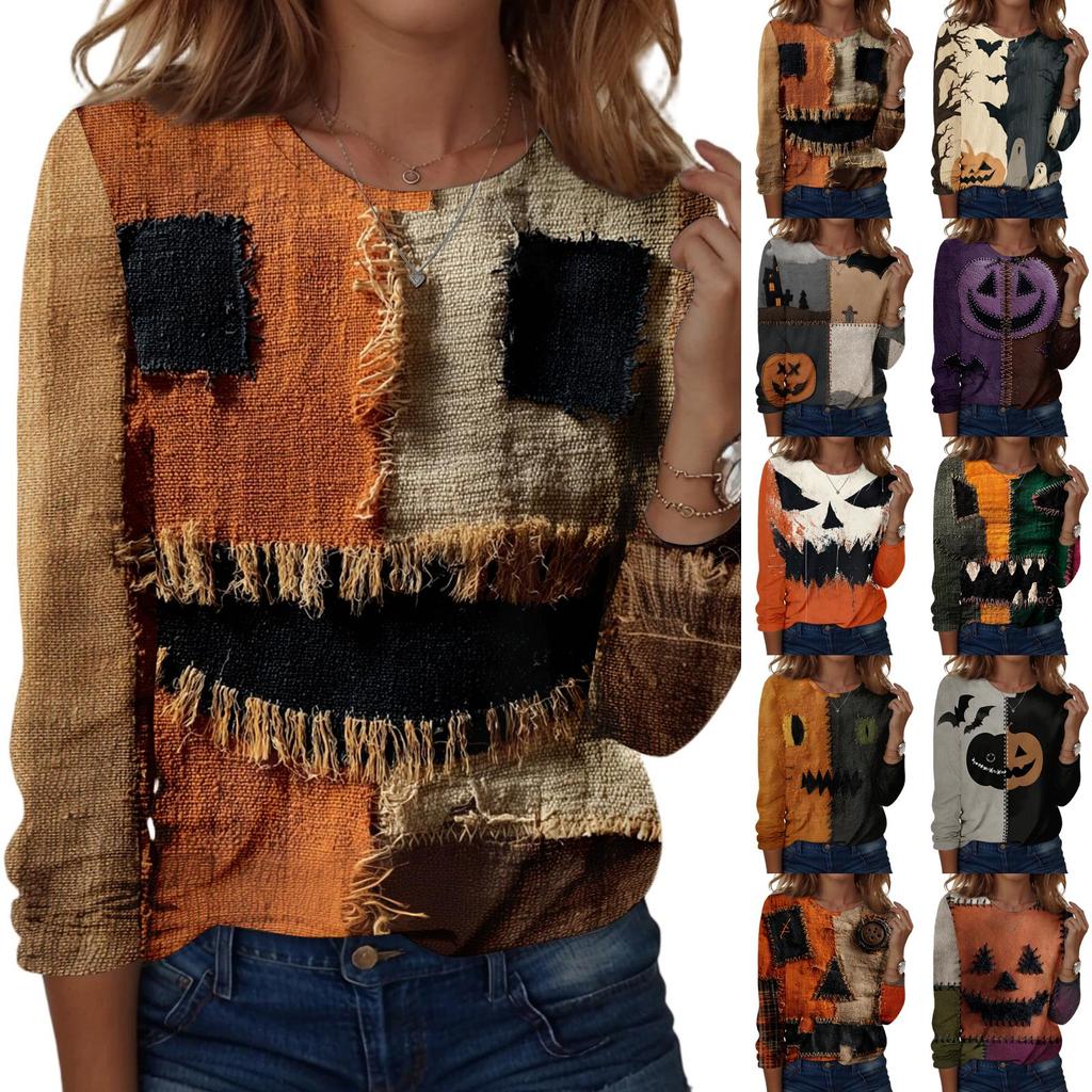Women's Halloween Long Sleeve Printed Crewneck T-Shirt, Casual Fall Top