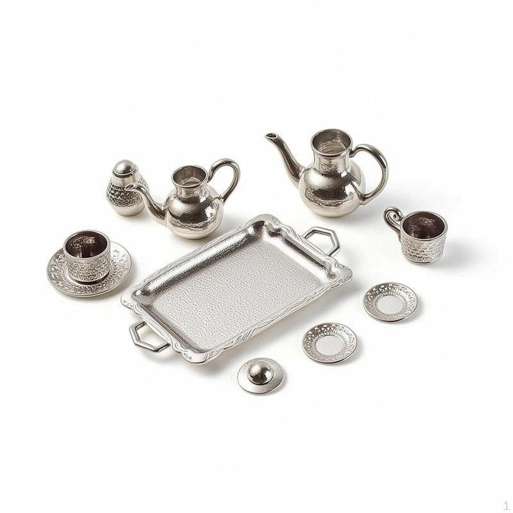 Dollhouse Tea Set with Tray Metal Tiny for Collectors, Hobbyists, Photography