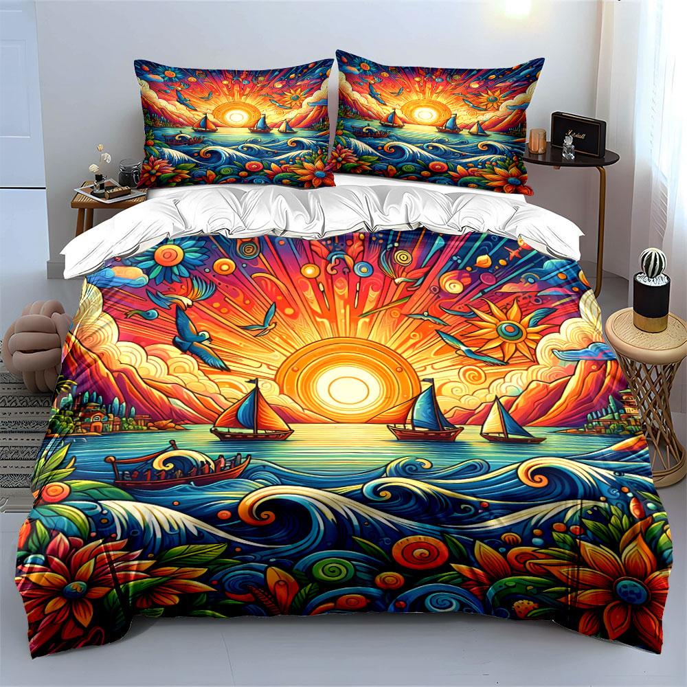 Sunset Ocean Sailing Decor Bedding Set with 1 Duvet Cover 2 Pillowcases Single Double King Queen, Gift