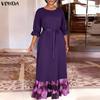 Damen 3/4-Ärmel Patchwork-Print Bandagen-Taille Lässiges Langes Maxi-Schwingkleid