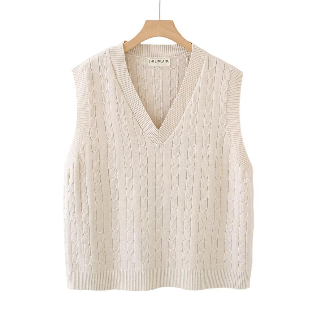 2026 Spring Korean V-neck Cable Knit Vest: Women's Plus Size Sleeveless College Style Layering Tank Top Shrug