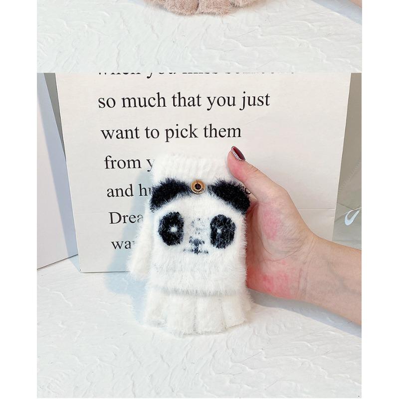 Cartoon Panda Warm Winter Women's Half Finger Flip Plush Knitted Coldproof Thickened Cycling Office Fingerless Gloves