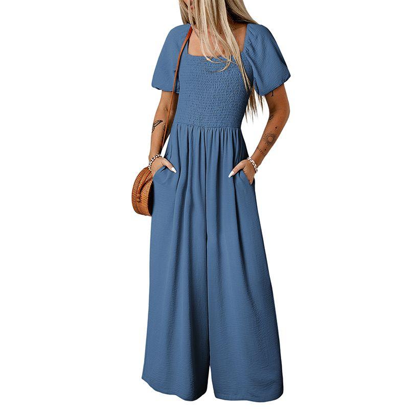 

Arrival Pure Color Smocking Short-Sleeved Jumpsuit for Women European and American Leisure Minimalist Easiest for Match High Waist Loose Pants Women LC6412300-P205 M code fits (55.00 kg-62.50 kg