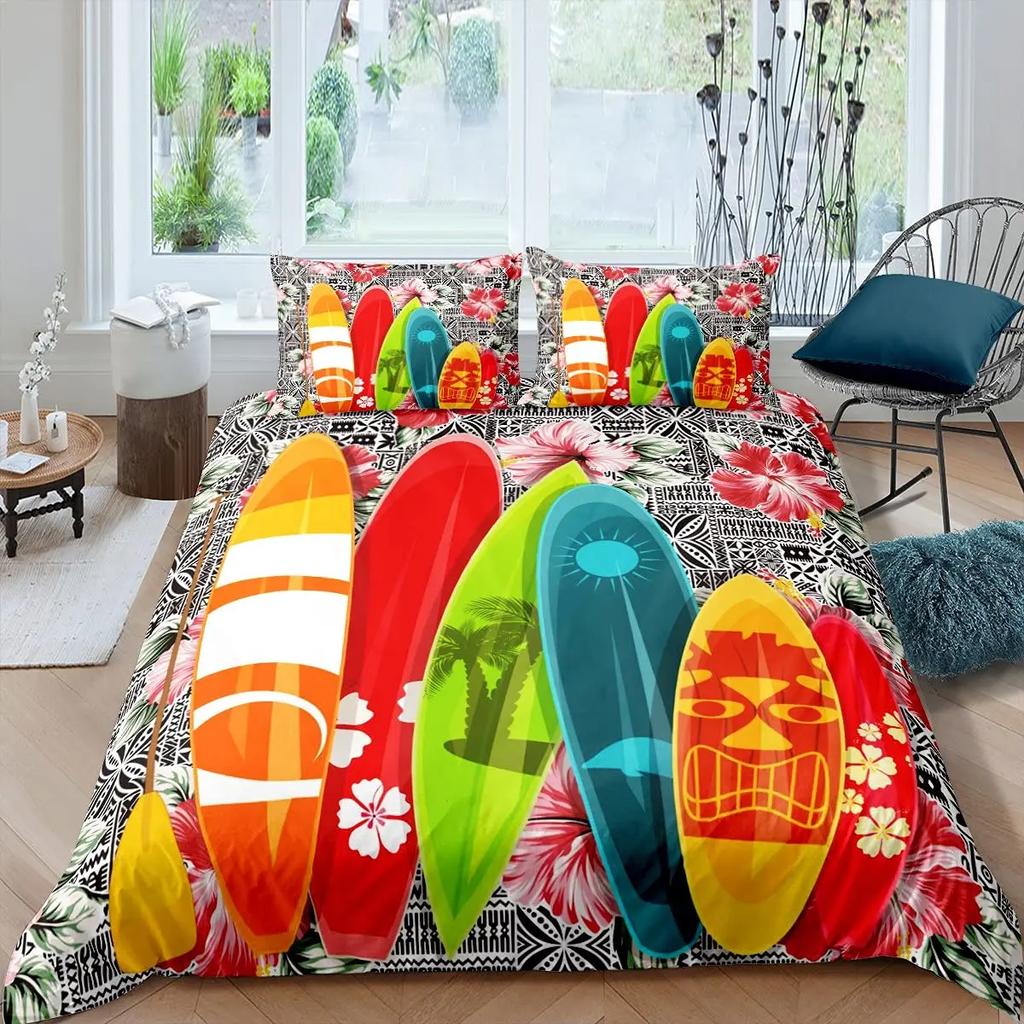 Surf Duvet Cover Set Retro Posters Group Summer Vacation Theme Water Sports California Beach Surfboard Wood Board Bedding Sets