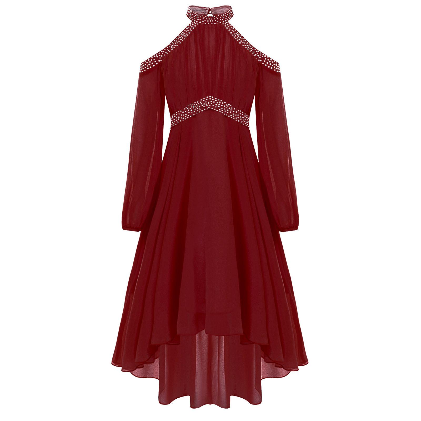 

Дівчата Елегантна Вечірня Сукня Халтер З Відкритими Плечима Довгий Рукав Висока Талія З Рюшами Нерегулярний Поділ Дизайн зі Штучними Діамантами Сукня 7-8 Years бордовий