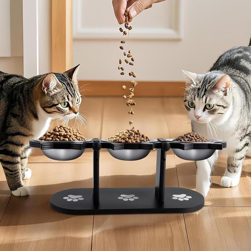 Elevated Black Cat Ear 3 Bowl Cat Feeder Solid Wood Frame and Stainless Steel Bowls Pet Feeding Rack for Indoor Multiple Cats
