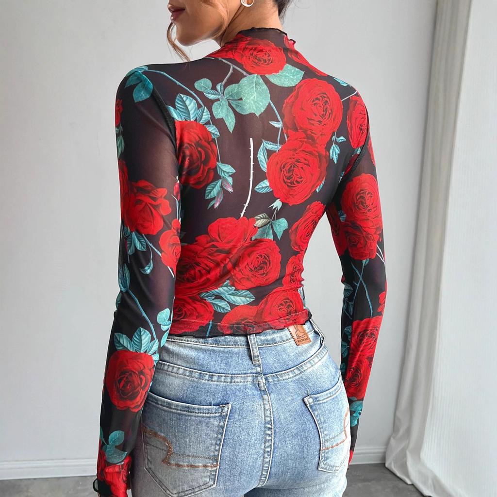 DAFIFY Women's Fashion Casual Spring Autumn Flower Pattern Print Long Sleeve Half Turtleneck Blouses & Shirts