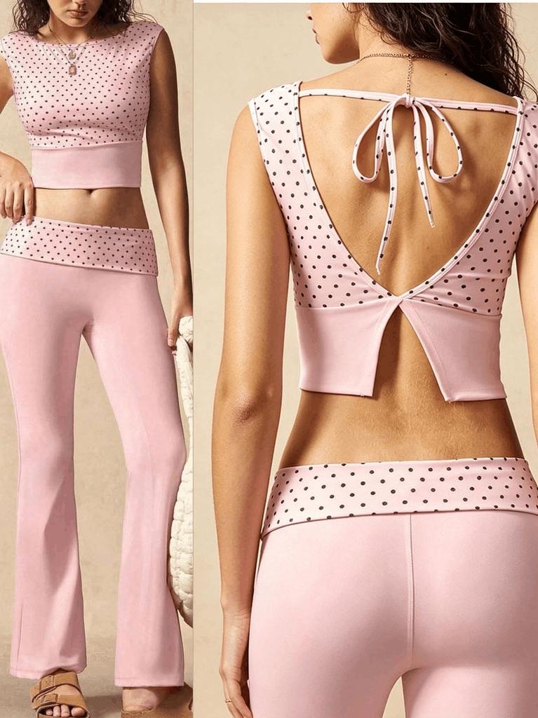 Printed Yoga Set Featuring A Large Open-Back, Tie-Up, Breathable, Shockproof Sports Top And Fold-Over Flare Pants For Women
