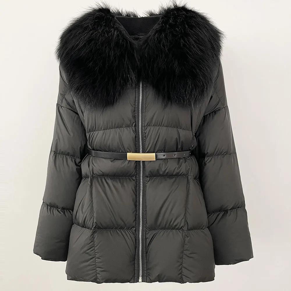 OFTBUY Winter Jacket Women Natural Real Raccoon Fur Collar Belt Thick Warm Duck Down Coat Detachable Outerwear Streetwear Casual
