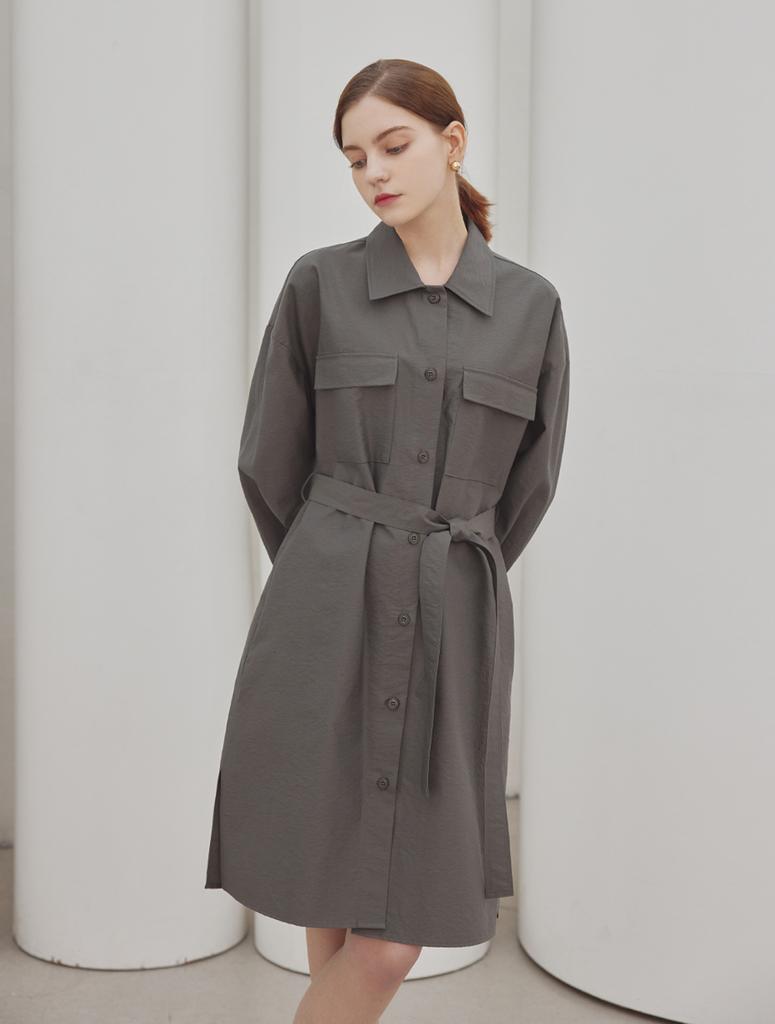 A Leaf Ray Collar Two Pocket Shirts Dress_Gray