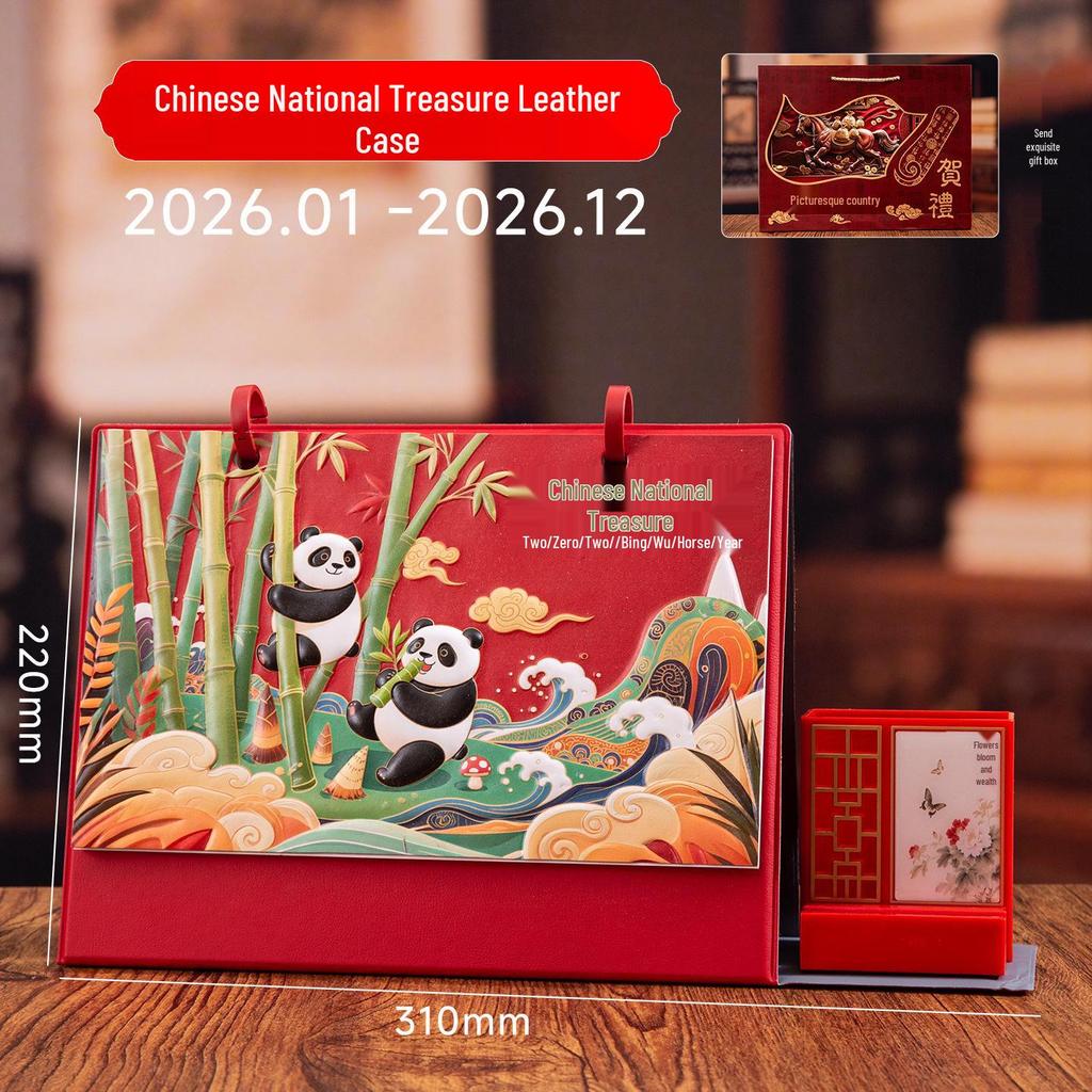 2026 Jahr des Pferdes Leder Schreibtischkalender mit individuellem 3D-Prägedesign - Geschenk-Box-Set für das Büro